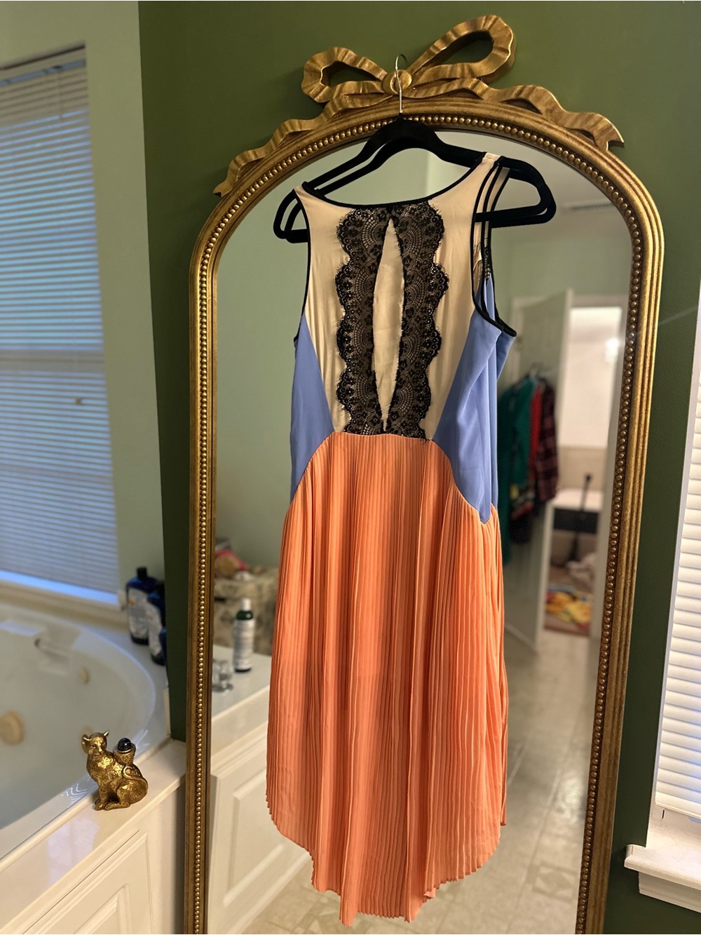 vestique Coral Pleated High-Low Skirt Dress with Blue Panels